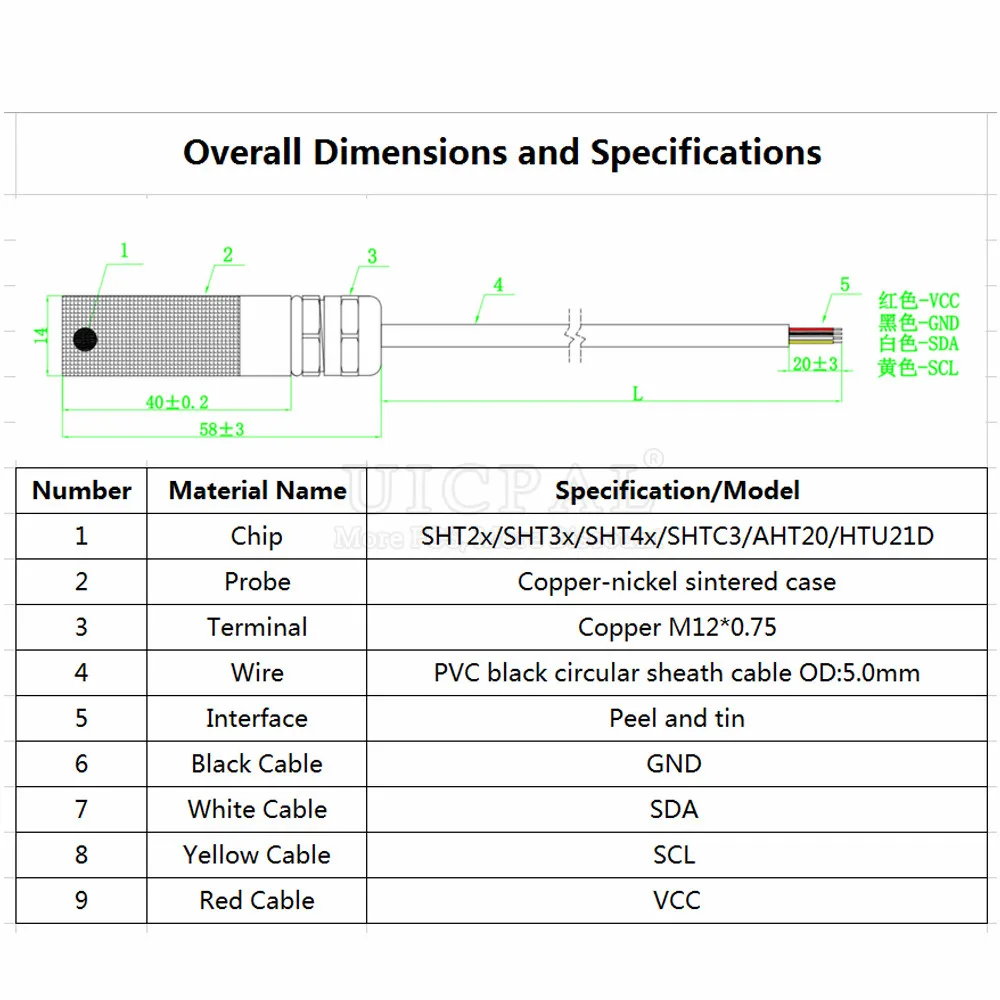 Temperature Humidity Sensor Output SHT20 SHT30 SHT40 SHTC3 Probe Cable Metal Head Digital Capacitance Sensors 1M Length I2C