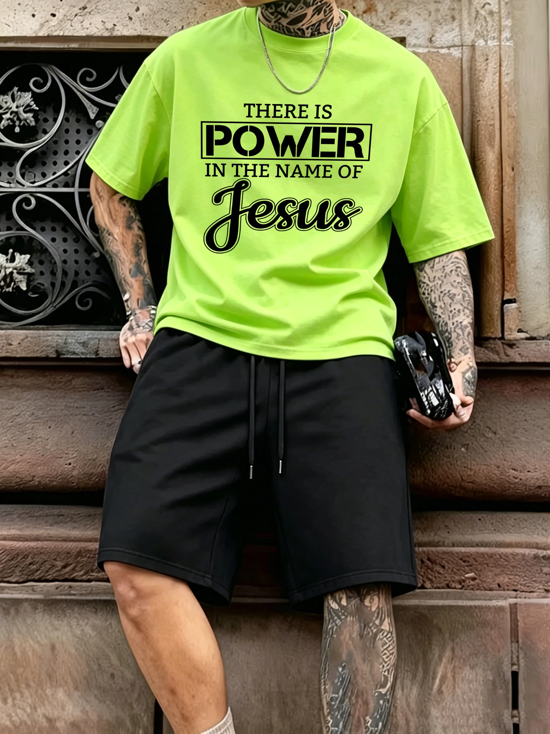 

There Is Power Jesus Pattern Summer Cotton Fashion Mens Tee Shirts Suits Stretch Office Short Pants Casual Beach Streetwear