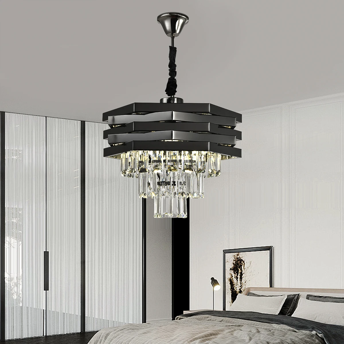 Round Crystal Teto Lustre, Teto Luminária Pingente, Sala de estar, Foyer, Escadaria, Preto, 3 Nível de Luz, Moderno, K9