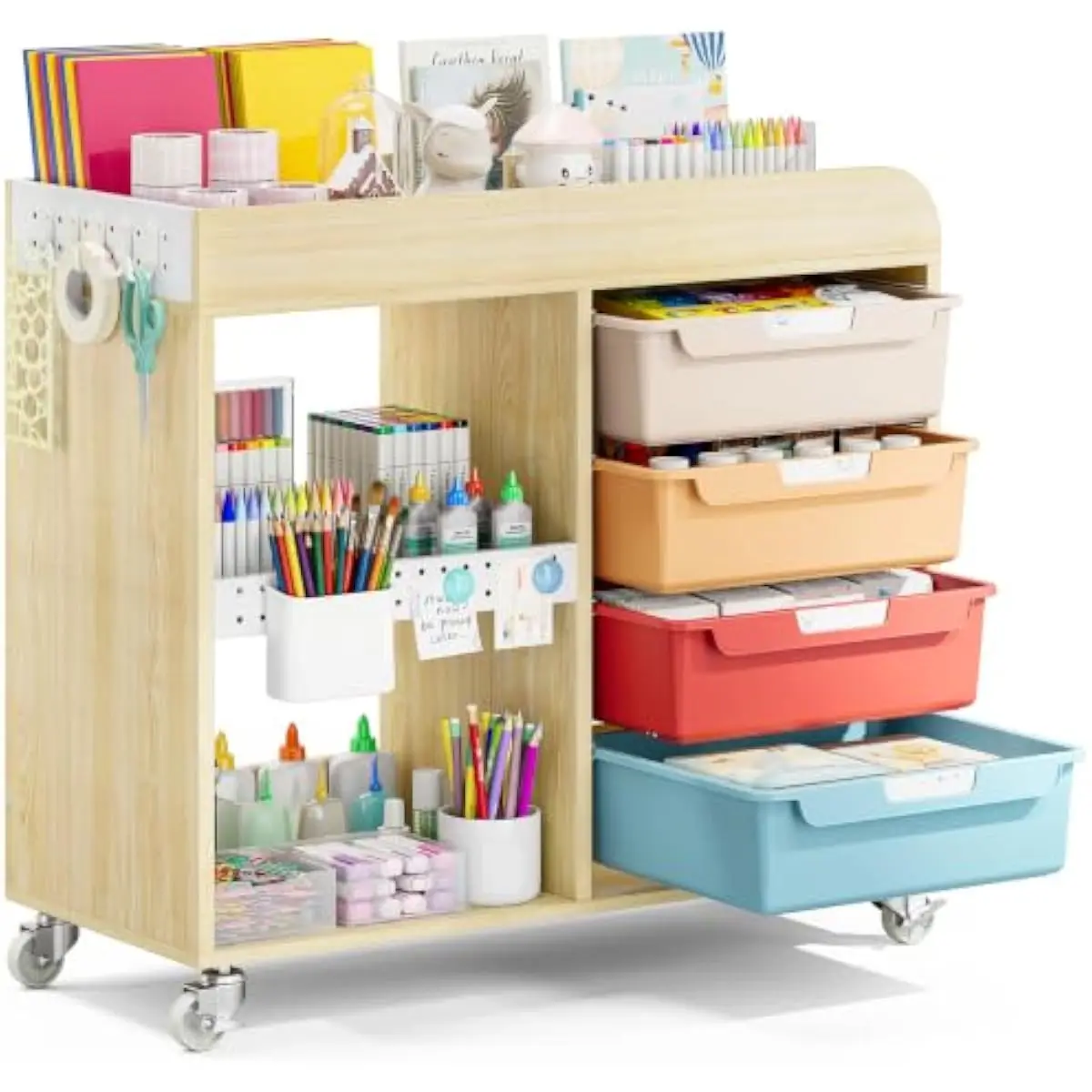 Art Supply Storage Cart with Magnetic Labels and Locking Casters – Wooden Top 360° Mobility Unit Featuring Two Open Shelves Five