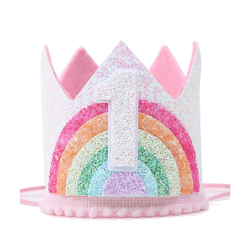 Felt Rainbow Theme Birthday Party Crown 1st 2nd 3rd Happy Birthday Party Decor Kids Baby Shower Party Number Hat Unicorn Party