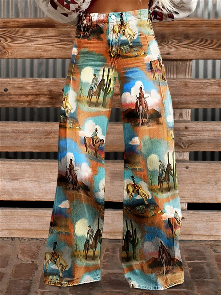 2024 SPRING SUMMER DESERT COWBOY CASUAL TREND CLASSIC COMFORTABLE WIDE LEG PANTS 3D PRINTED WOMEN SLIM WOMEN IMITATE JEANS