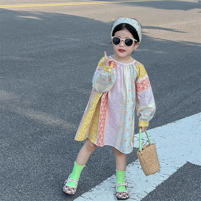 

Children Clothing Girls Sweet Dress 2023 Autumn New Fashionable Korean Style Girl Bohemian Style Princess Retro Floral Dress