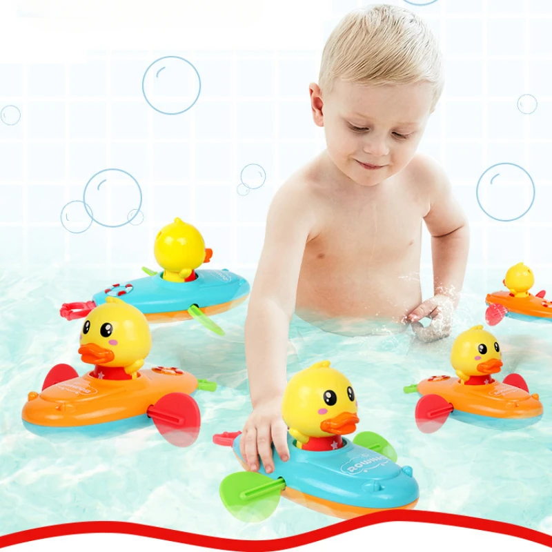 1 Pcs Cute Cartoon Bath Toys Classic Water Toy Back Rowing Boat  Baby Bathing Swim Duck Chain Clockwork Toy for Children