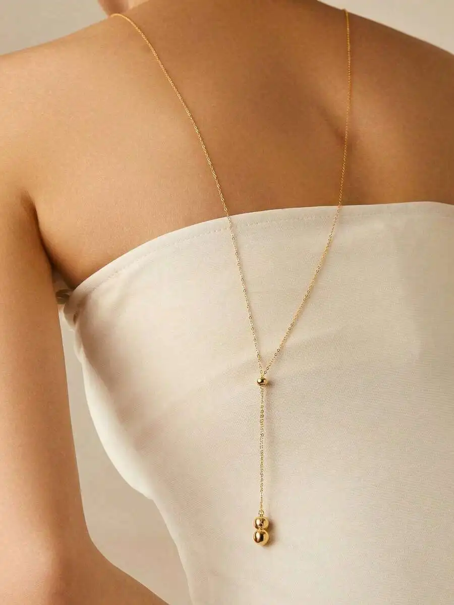 1pc 18K Gold Plated Stainless Steel Round Bead Pendant Adjustable Long Necklace, Fashionable Minimalist Design Suitable For Dail view 2