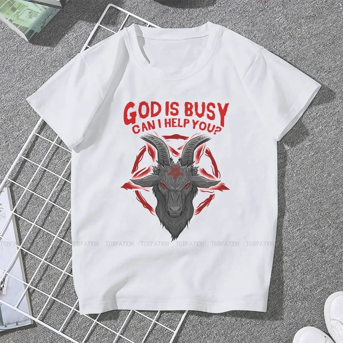 God Is Busy Can I Help You Occult TShirt For Women Baphomet Satan Lucifer Tops Harajuku Female T Shirt Basic Summer Oversized