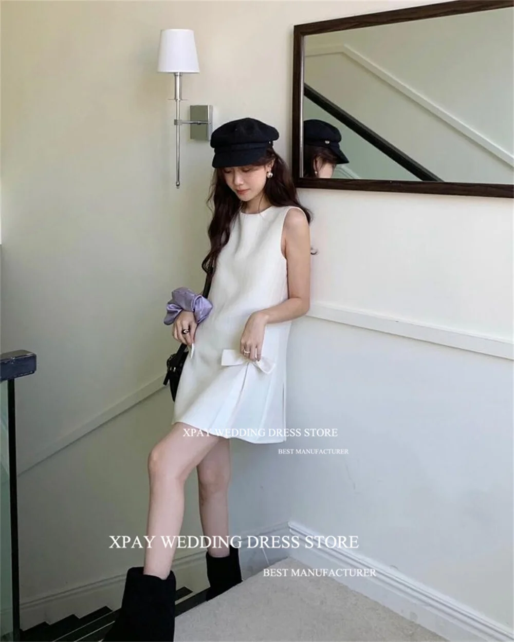 XPAY sederhana O leher pendek Korea gaun pesta pernikahan foto menembak tanpa lengan Backless gaun pengantin korset busur kustom gaun pengantin