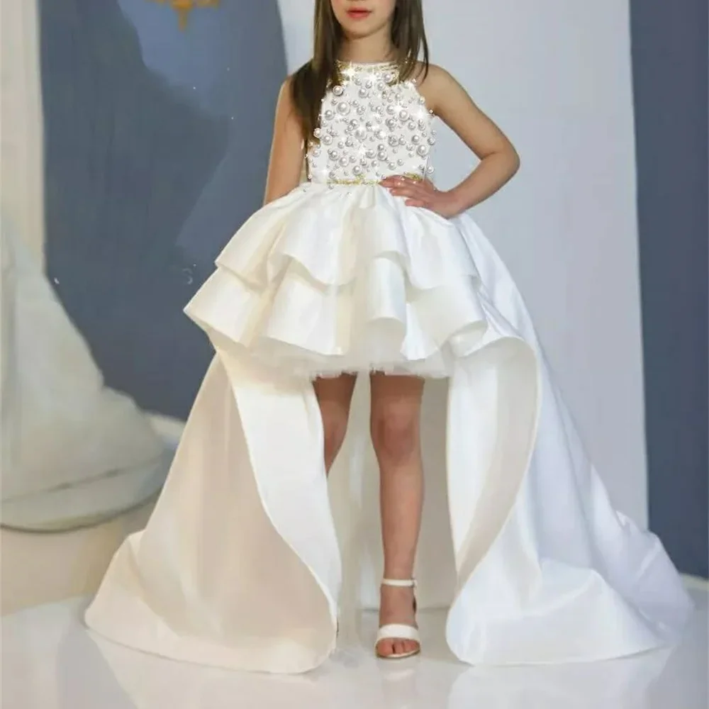 Custom White Pearl Ruffled High Low Flower Girl Dress First Christmas Dress Wedding Party Gown for Girls فساتين اطفال