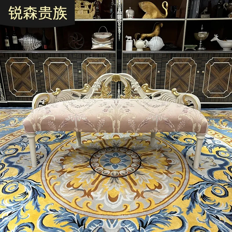 For French Style End Stool European Fabric Embroidered Recliner Lazy Chair Bedroom Shoe Changing Bench Elegant Home Decor