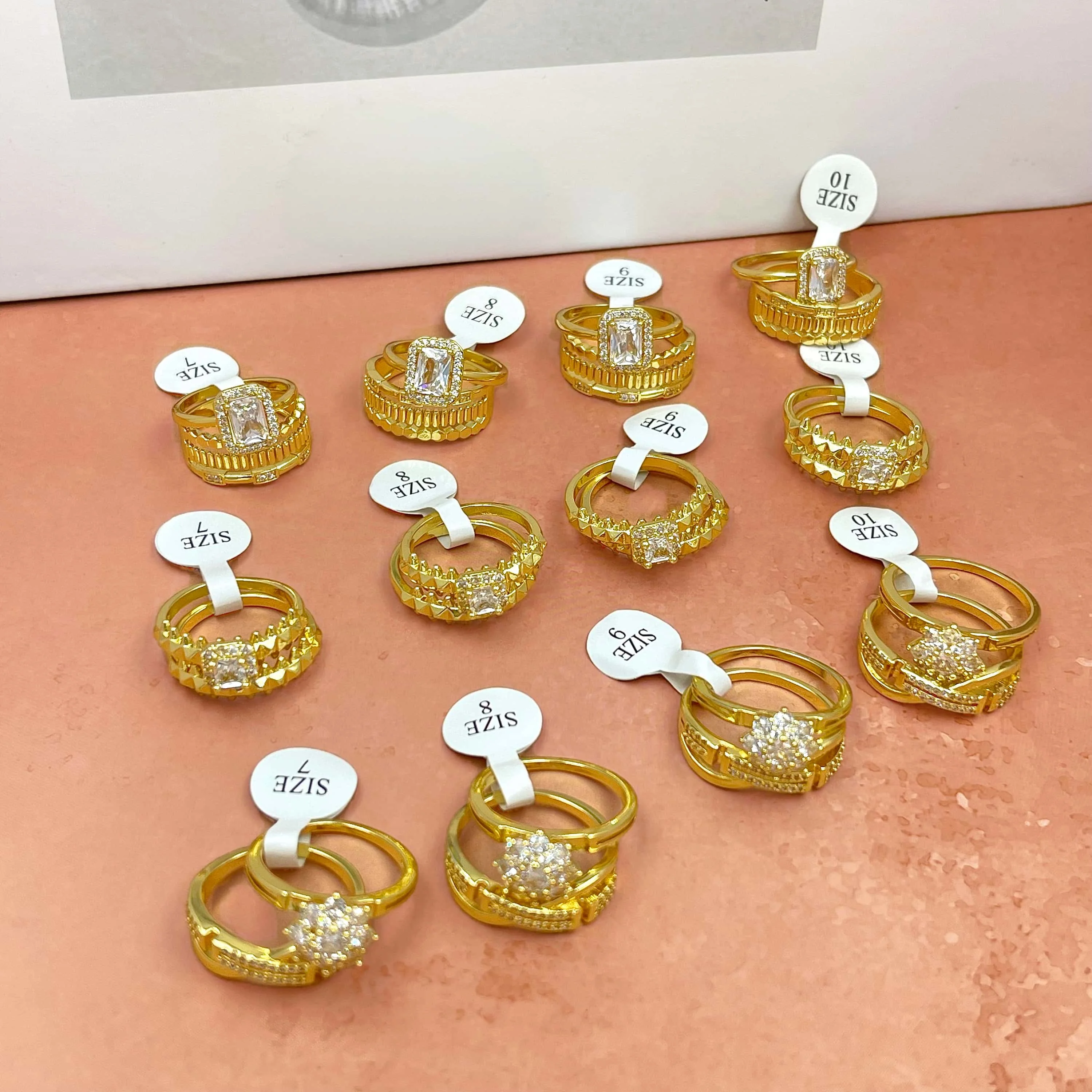 12Pcs Pave Rhinestone Dual Ring Lot, Rectangular/Star Square/Floral Round 3 Mix Alloy Golden Tone Size 7-10 Women Jewelry