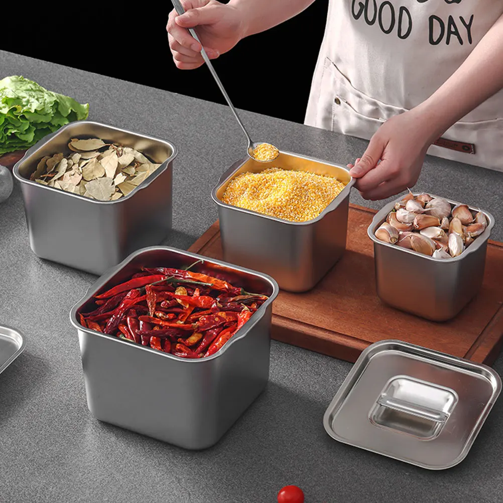 

Stainless Steel Seasoning Box 14CM Square Condiment Jars Large Capacity Spice Container Kitchen Organizing Storage Jar Hygienic