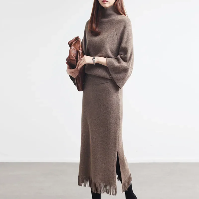 Autumn Women's Knitted Suit Fashion Casual Solid Color Loose High Collar Pullover Sweater Long Fringe Skirt 2pcs Matching Set