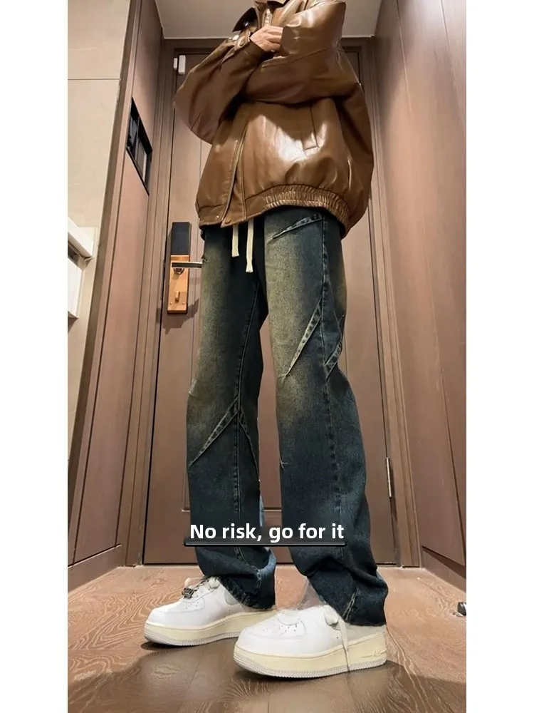 

Retro Blue Workwear Straight Leg Men's Jeans Spring Autumn High Street Vibe Drawstring Elastic Waist American Style Jeans