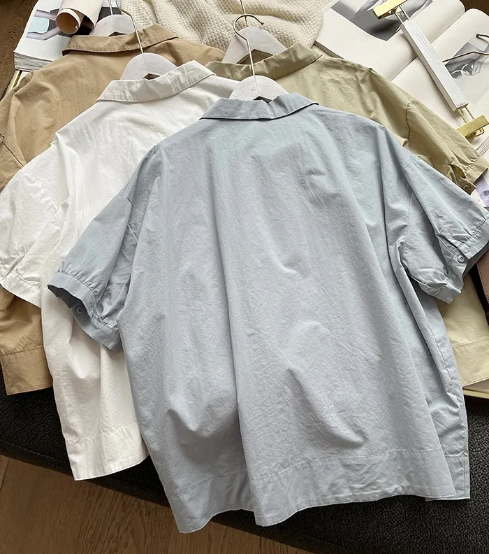Camisas de manga curta das mulheres algodão shirring pittuck estilo fino minimalista simples urbano senhora do escritório elegante moderno profissional