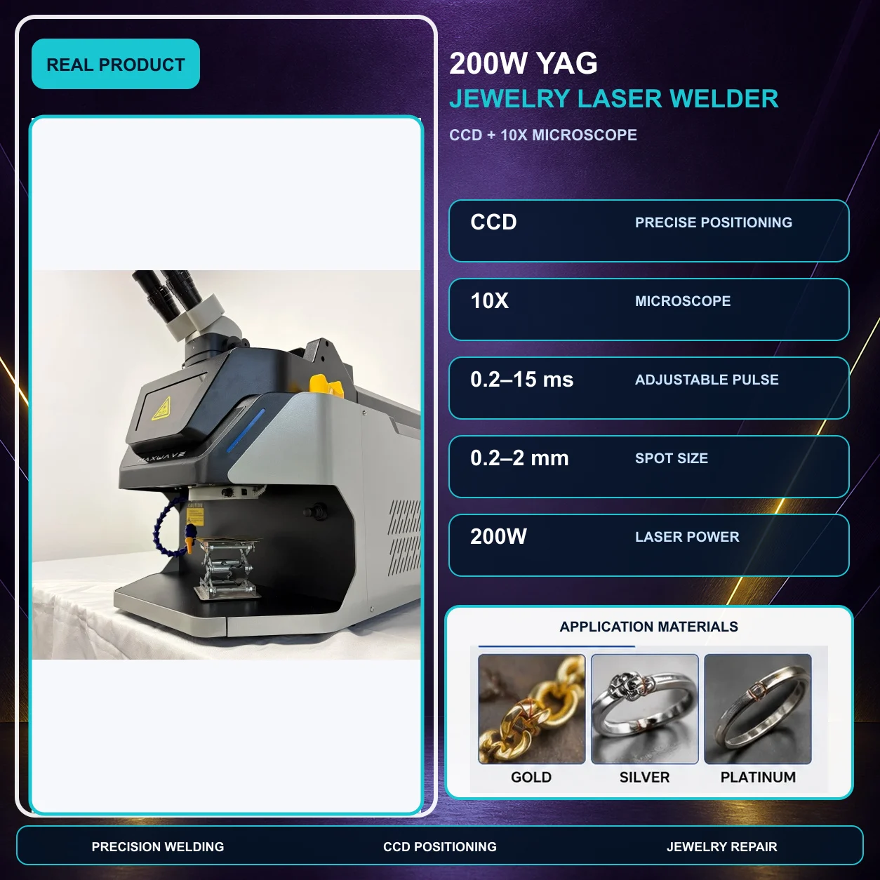 200W YAG Jewelry Laser Welding Machine with 0.2-2mm Spot for Rings Chains Repair