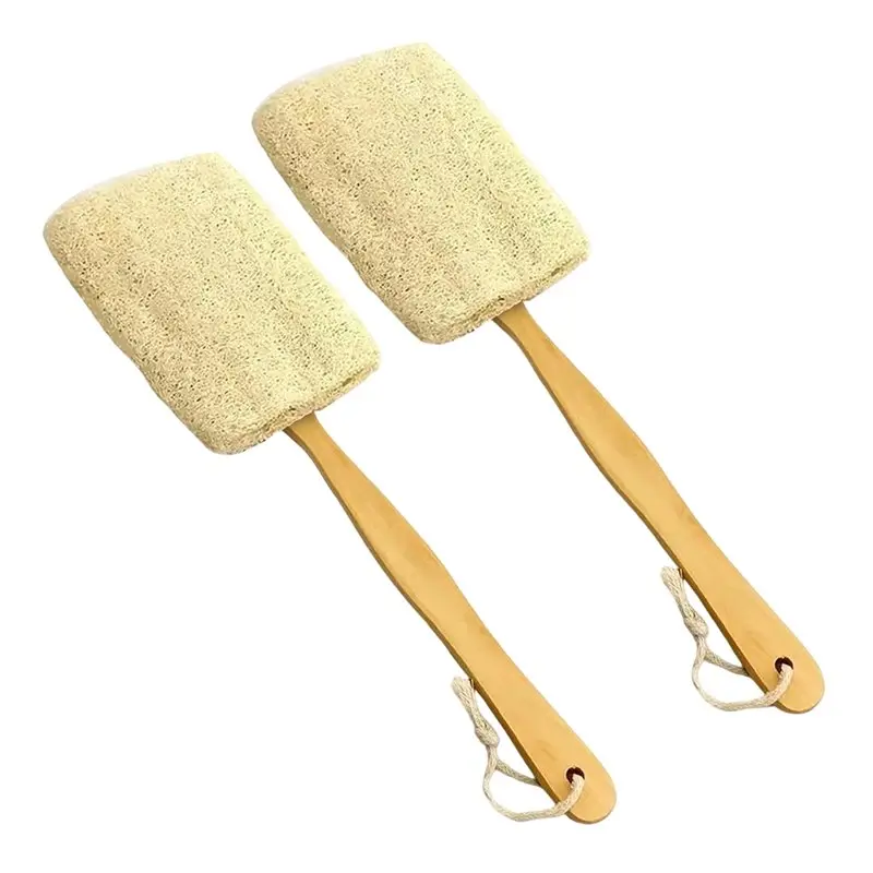 

ABKY-Exfoliating Loofah Luffa Brush In 2 Pack- Shower Sponge Back Scrubber With Long Wooden Handle On A Stick Bath