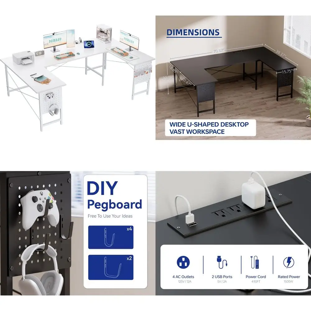 مكتب كمبيوتر زاوية كبير مقاس 71 بوصة على شكل حرف U مع منافذ طاقة للمكتب المنزلي والألعاب باللون الأبيض #1