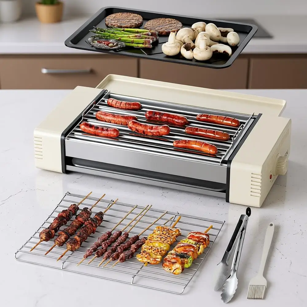 

3-in-1 Hot Dog Roller Grill with Nonstick Plate & Grill Rack, 800W Compact Indoor Electric Sausage Griller for Kitchen, Home, Sm