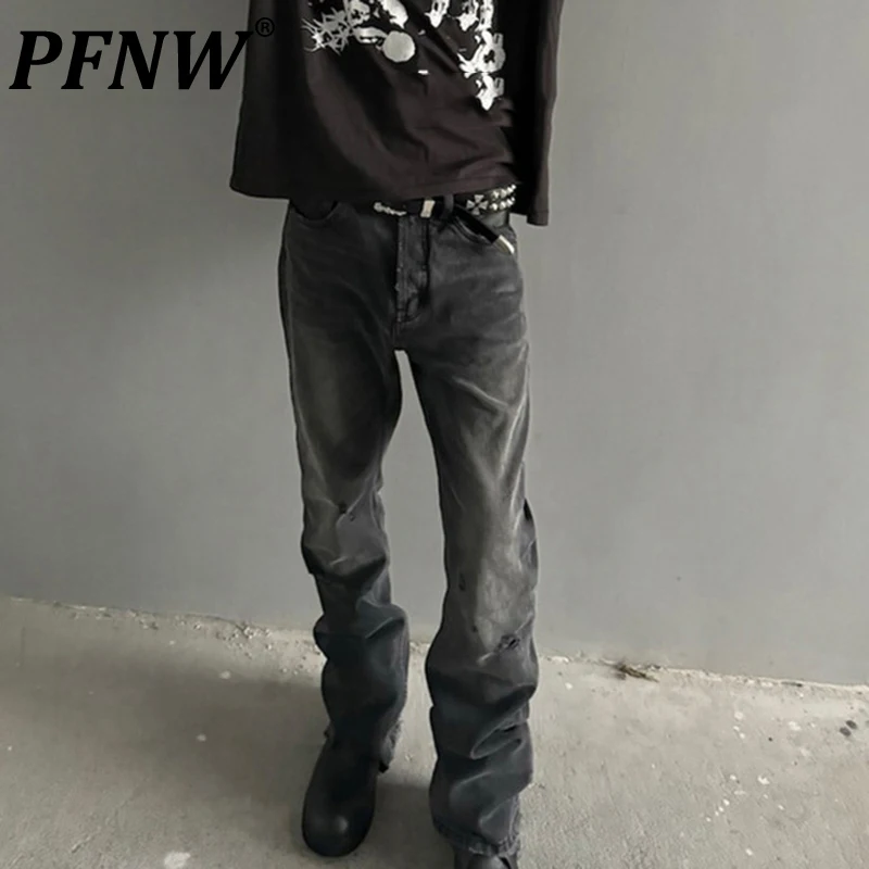 PFNW High Street Distressed Moustache Effect Leggings Denim Pants Men's Scorched Black Gray Destruction Micro Jeans Tide 28W5602