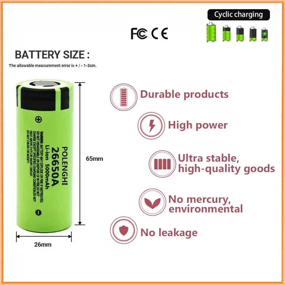 26650A Lithium Battery 3.7V5000mah High Capacity Power Cell Rechargeable Strong Light Flashlight Battery