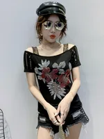 Streetwear Girl Summer Chic Clothes T-Shirt New Sexy Hollow Out Diamonds Cotton Women Tops Short Sleeve Off Shoulder Tees - Image 3