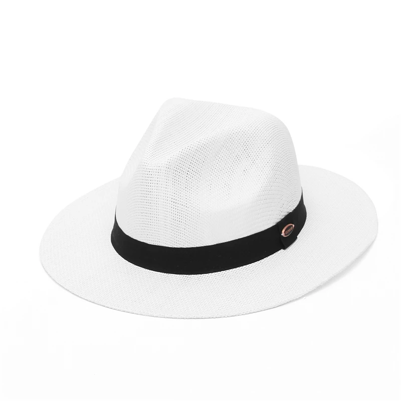 Sombrero Fedora de ala ancha de papel 100% de verano para mujer, sombrero de paja para playa y sol, gorra panamá para hombre con banda negra