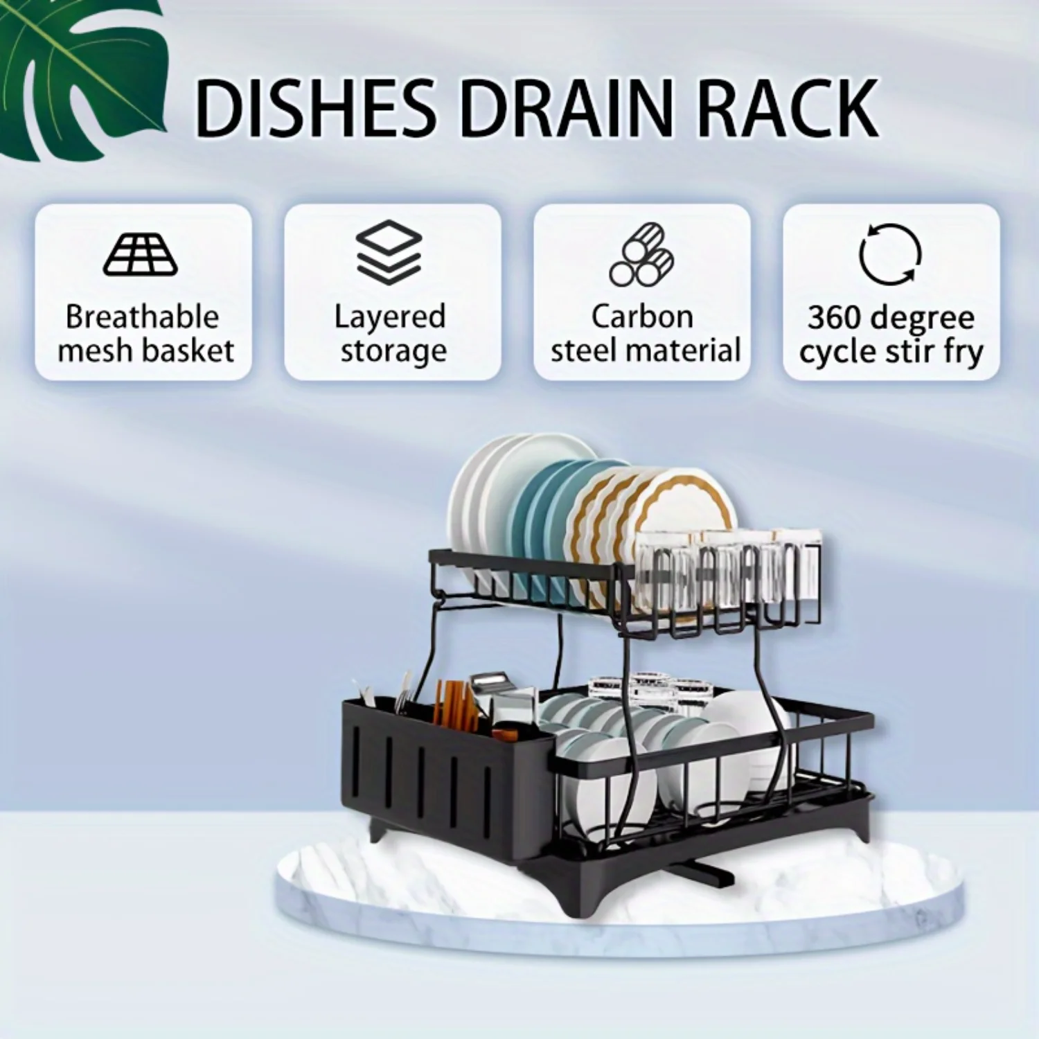 Stainless Steel Large Dish Drainer with 2 Tier Utensil Rack and Drain Board, Black Kitchen Accessories