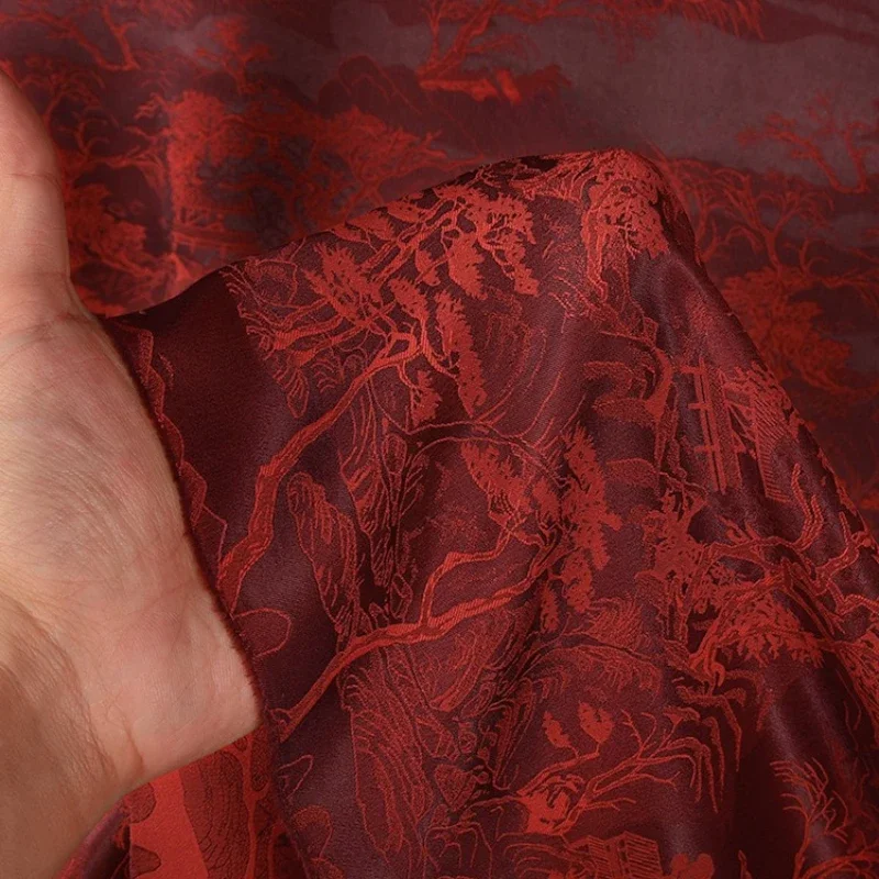 China-Chic Wine Red Jacquard Acetate Satin Fabric Retro Soft Smooth High Set Cheongsam Skirt Blouse Fabric