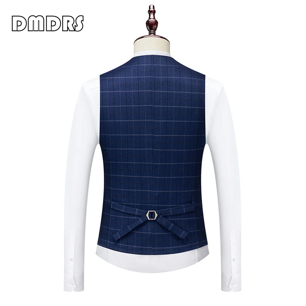 Classy Slim Fit Suit Set for Men Three Pieces Navy Plaid Smart Formal Tuxedo Jacket Vest Pants Tux Set Wedding Party Outfit