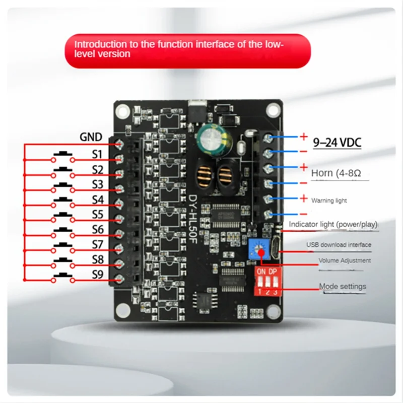 ABBH-24V High Power Voice Broadcast Prompt Module High and Low Level Trigger 1-To-1MP3 Multifunctional Playback Module,