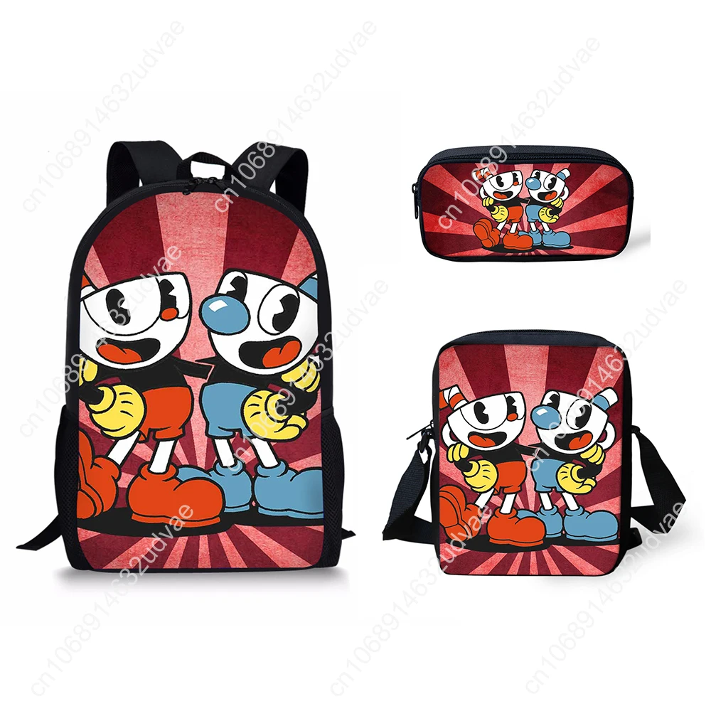 Classic Youthful Cuphead Pattern 3D Print 3pcs/Set Student Travel bags Laptop Daypack Backpack Shoulder Bag Pencil Case