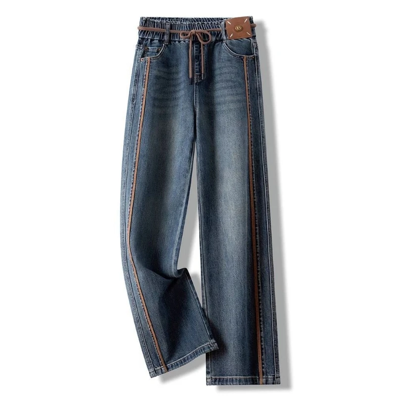

Elastic waist lace-up straight leg pants women in spring narrow version high waist slimming commute casual wide leg jeans