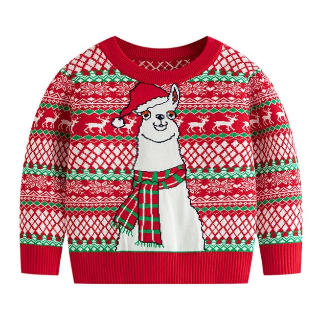 Kids Cute Cartoon Alpaca Jacquard Christmas Warm Knitted Pullover Sweater Knitwear Baby Boys Girls Autumn Winter Xmas Sweaters