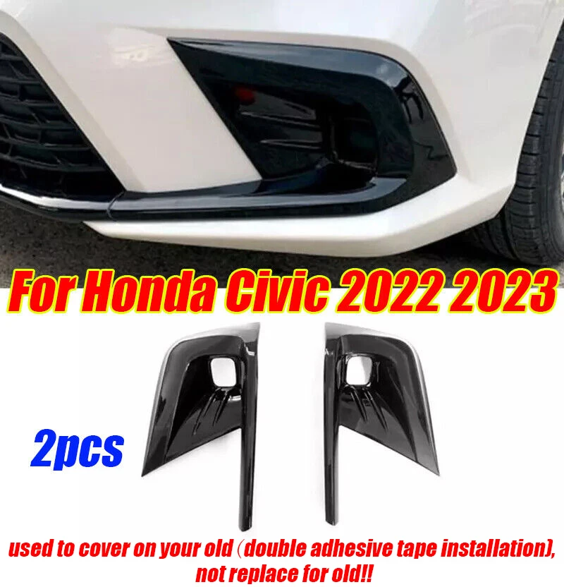 

2x Glossy Black Front Fog Lamp Bumper Light Cover Trim For Honda Civic 2022-2024