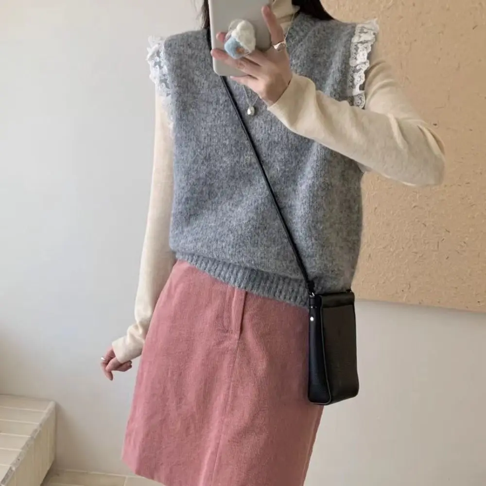 عادية جولة الرقبة الدانتيل سترة بلا أكمام بلون البلوز تريكو المرأة الكورية نمط الحلو محبوك صدرية الفتيات #4