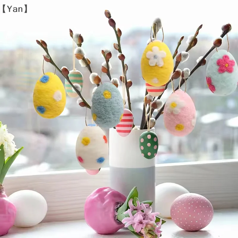 ieniaYan Sigur12PCS Wolvilt Schuim Paaseieren Vrolijk Pasen Decoraties Geschilderde Bloem Dot Eieren Hanger Met Touw Diy Craft Kid Gift Home