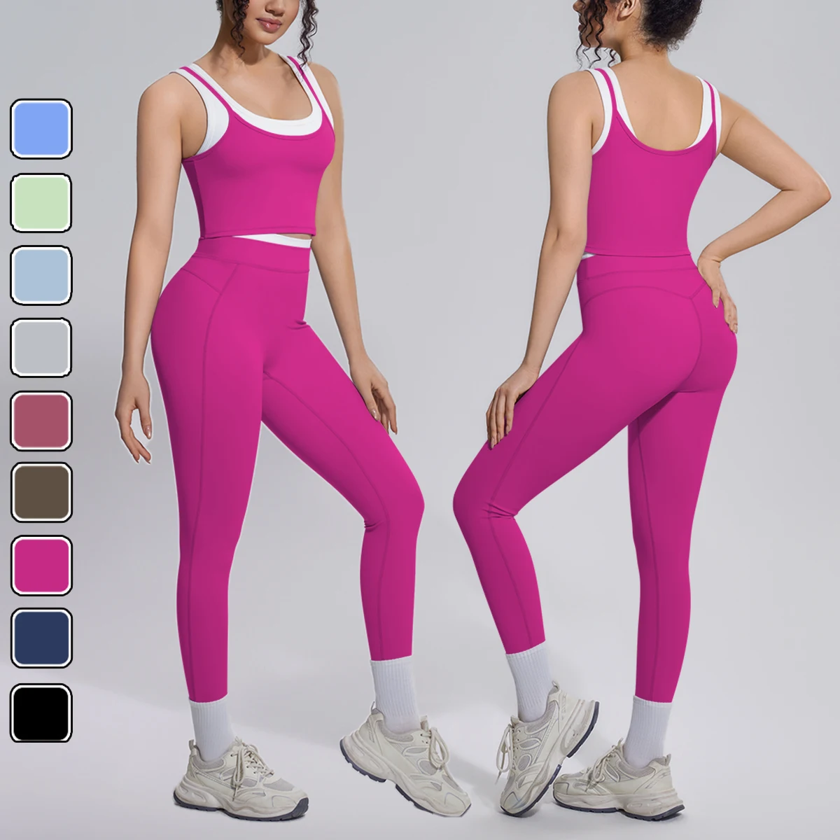 Hamidou Woman Yoga Set Sexy Shock-absorbing Running Yoga Vest Color Blocking High Waist Fitness Sports Yoga Pants Gym Yoga Set
