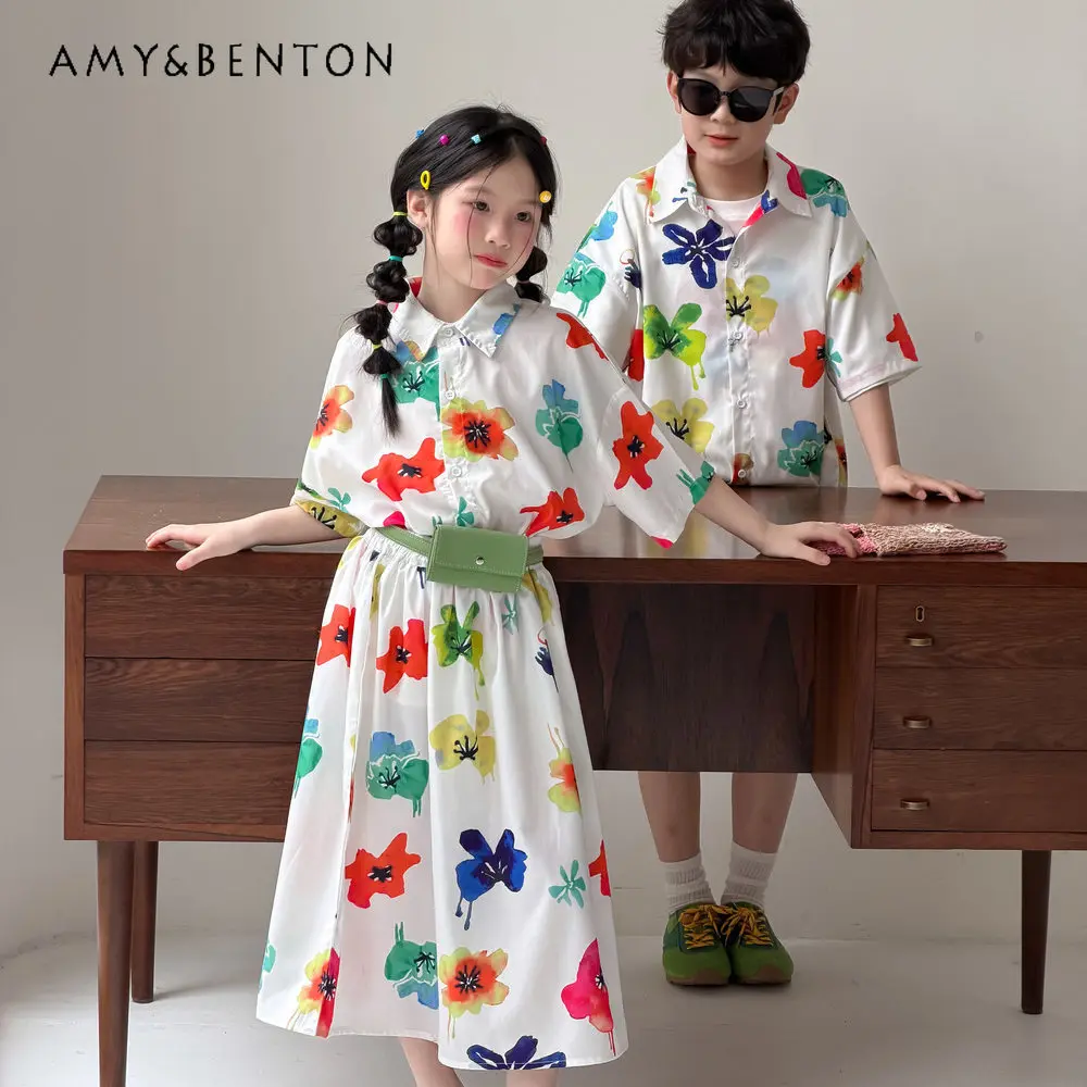 

Sister and Brother Summer New Dopamine Floral Print Sibling Matching Suit Fashion Vacation Shirt and Shorts 2pcs Set Girls Dress