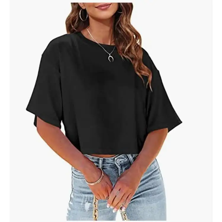 

Women's Casual Loose Fit ort Sve T-irt Navel Bearing Polyester Spandex Blend No Brand Registered Trademark