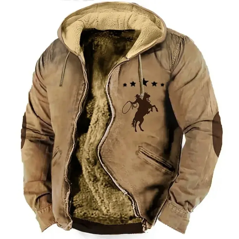 Sudaderas con capucha con cremallera para hombre y mujer, chaqueta de manga larga con patrón de vaquero, ropa gruesa de invierno