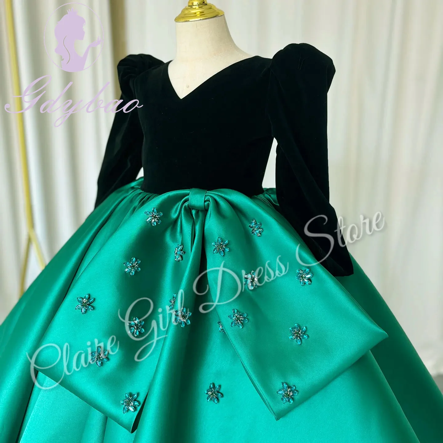 Vestidos florais verdes personalizados para casamento, cetim com laço, mangas completas, festa de aniversário infantil, primeira comunhão, vestido de baile