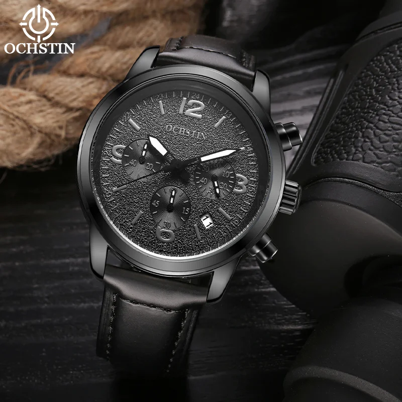 OCHSTIN Man Business Dress Quartz Watch Built Corrosion-resistant Alloy Frame Flexible Genuine Leather Strap Gentle Clock