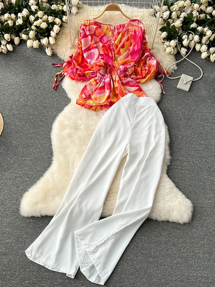 

Новый летний женский модный комплект для пляжного отдыха, свободная рубашка с коротким рукавом и v-образным вырезом на талии, широкие брюки, комплект из двух предметов A77