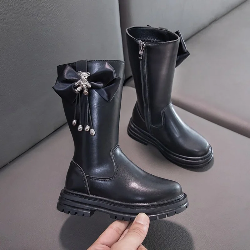 Bottes à mi-mollet avec nœud papillon pour fille, chaussures de princesse montantes, à la mode, pour écolières, automne et hiver, 2022