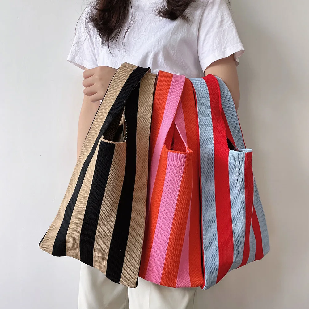 Large Capacity Knit Handbag Women Fashion Shoulder-bag Casual Color Wide Stripe Plaid Tote Bag Student Reusable Shopping Bag