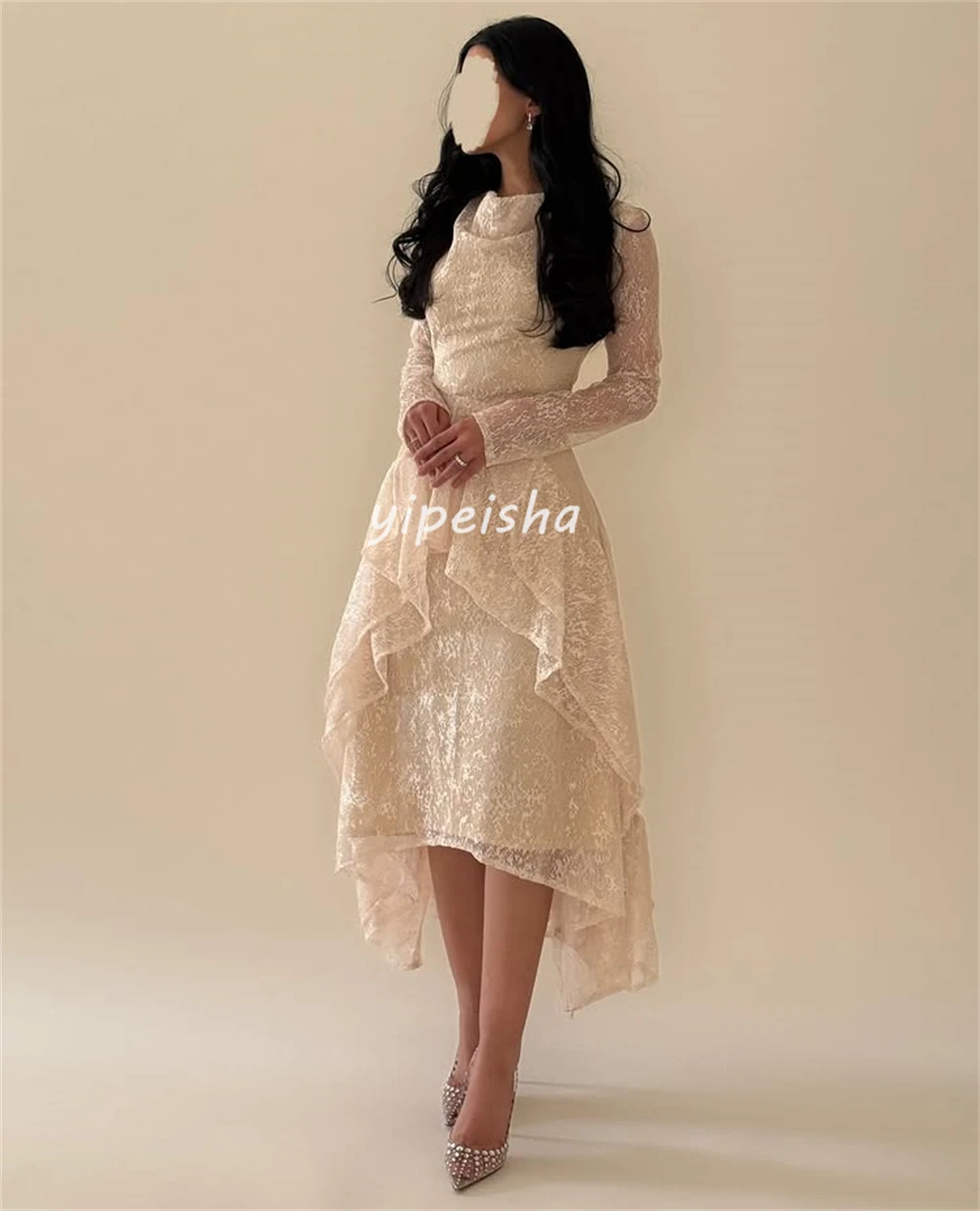 Customized Modern Style Women Ruched Pleat A-line Evening Dresses High Quality Fashion O-Neck Long Sleeves Knee Length Dresses image 2