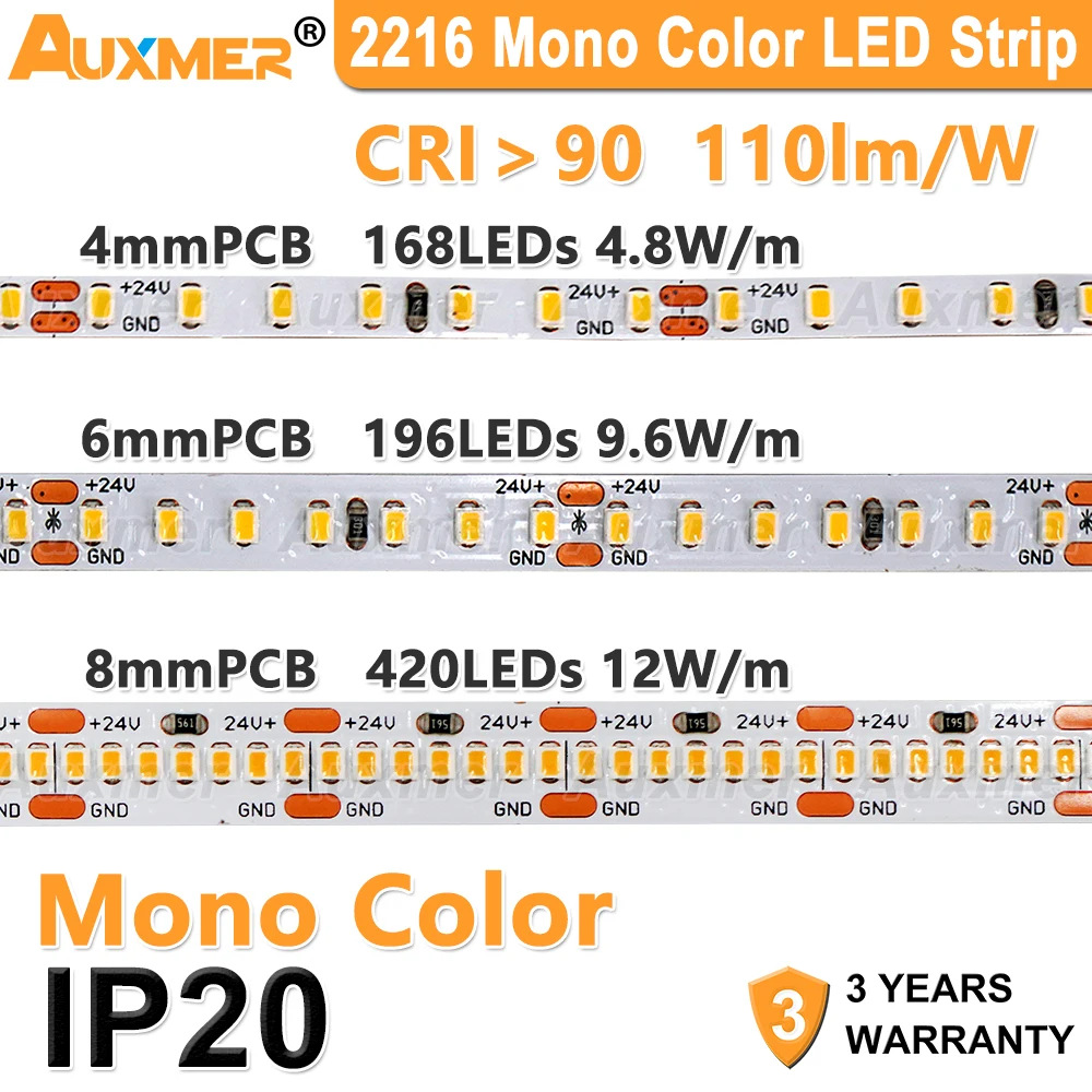 2216 LED Strip Lights,4mm 6mm 8mm PCB,CRI90 110lm/W,Flexible LED Tape DC24V,High Density 2100LEDs/Reel Dimmable LED IP20 5m