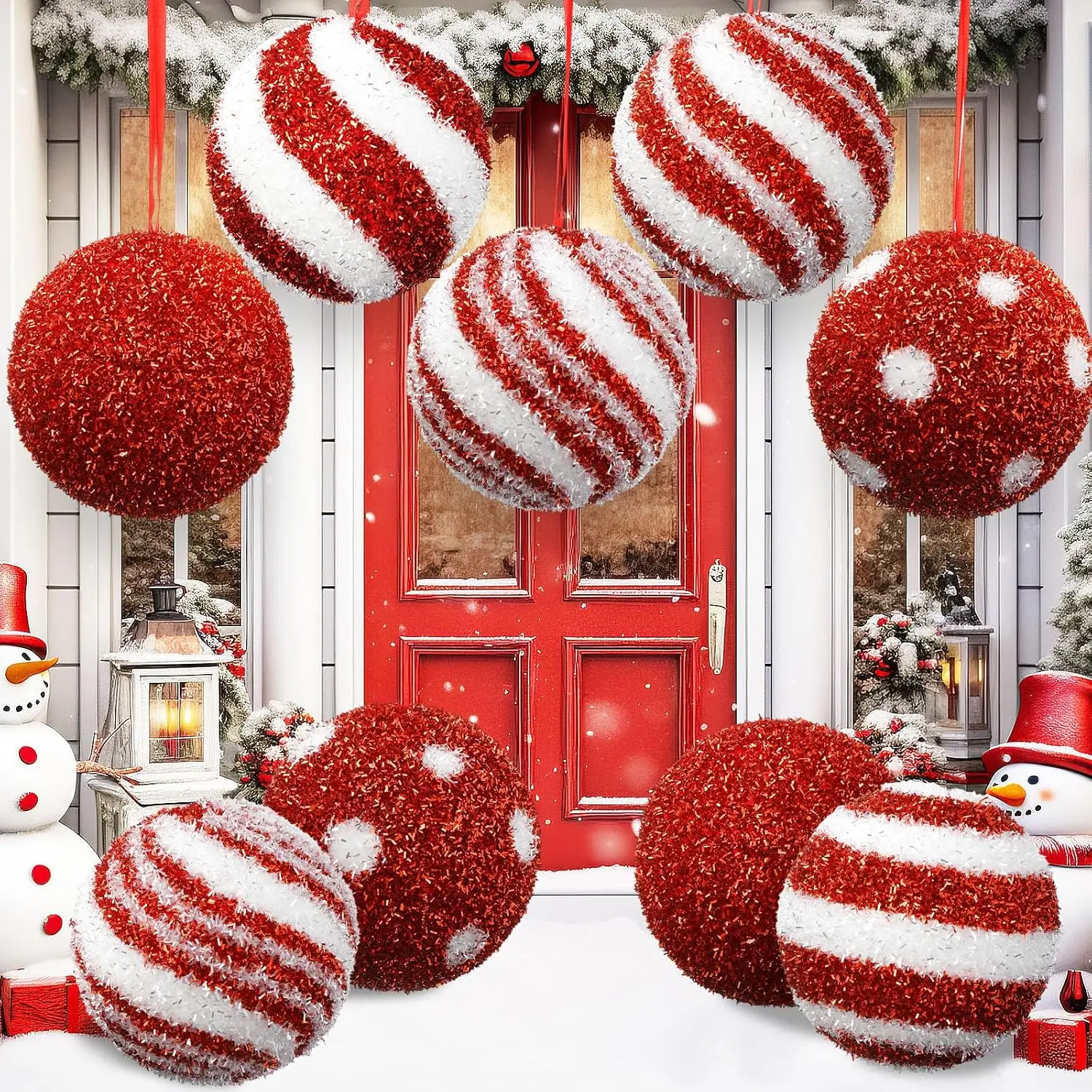 Christmas Ball Ornaments, Jumbo 6 Inch Candy Tinsel Balls, Set of 6