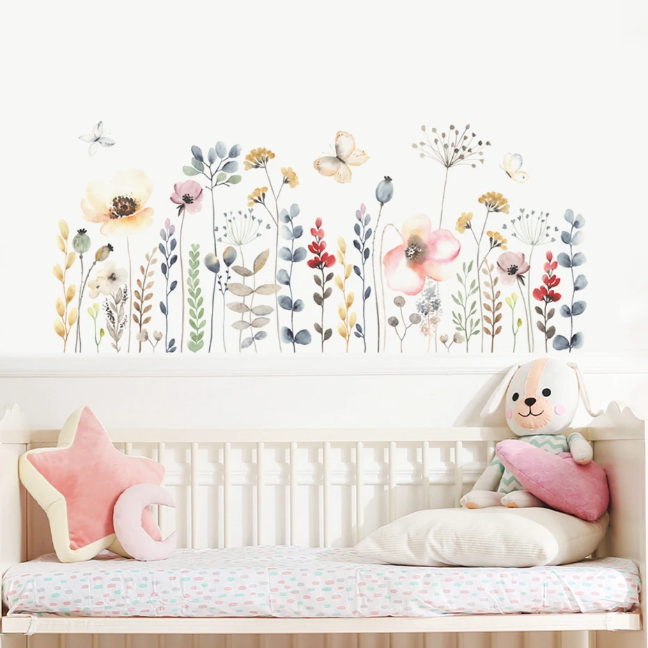 Watercolor Floral Leaves Plant Butterfly Wall Sticker Nursery Vinyl Children's Wall Art Decals for Kids Room Home Decor