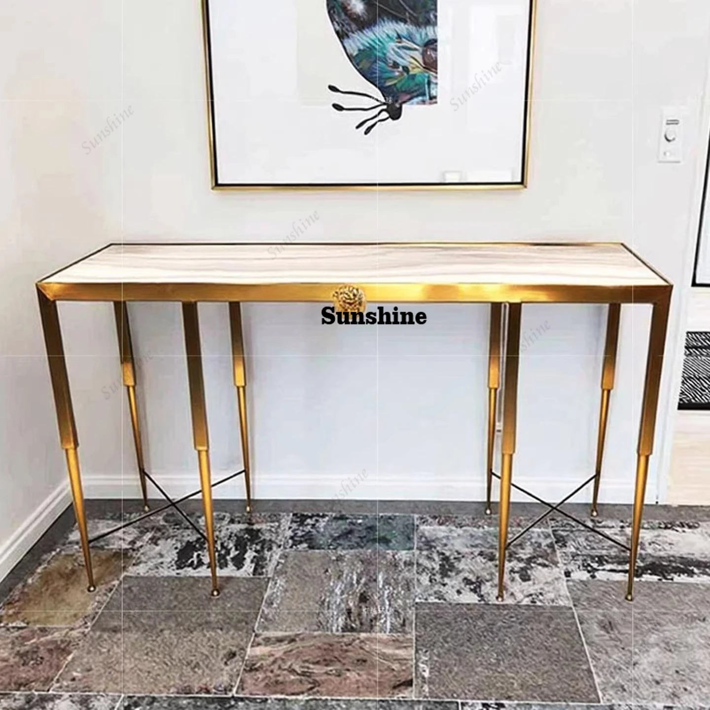 Stainless steel entrance table, living room strip case partition, simple marble against the table wall